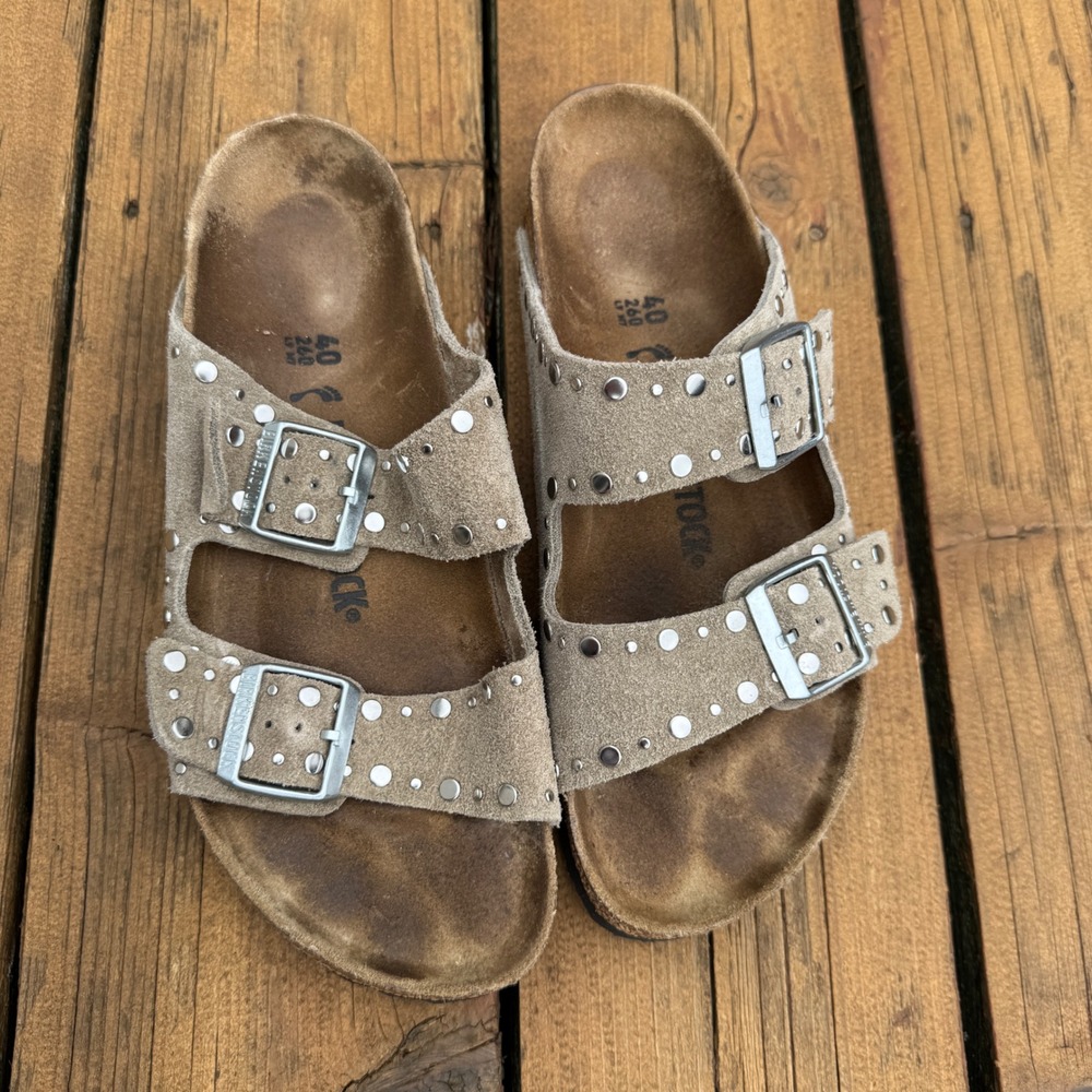 Birkenstock Arizona Studded Rivets Suede Sandals Taupe Grey EU 40 US L9 M7